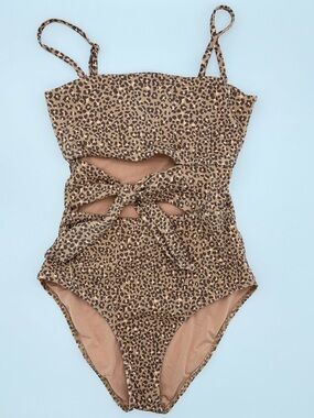 Aerie Leopard Ribbed Wrap One Piece Swimsuit Cutout Full Coverage Tan Brown Med